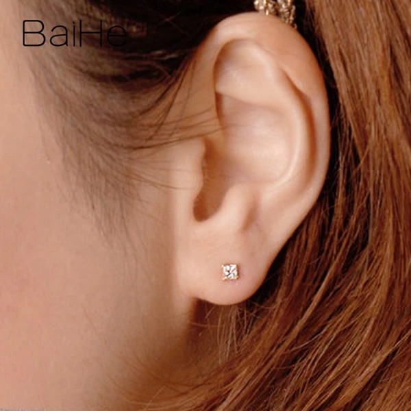 BAIHE Solid 14K розовое золото 0.20CT H/SI подлинные натуральные бриллианты, свадебные трендовые ювелирные изделия, квадратные серьги-гвоздики принцессы