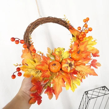 

Autumn Artificial Maple Leaf Wreath Pumpkin Berry Front Door Window Wall Seasonal Home Hanging Decoration 1