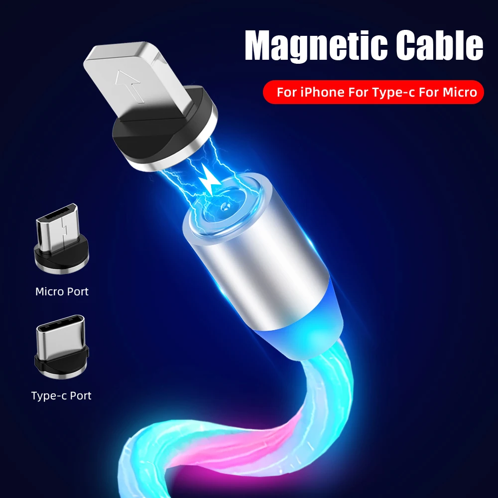 Magnet Micro Usb Type C Cable Charging Wire for iphone 12 13 Pro Xiaomi Samsung S21 S9 Type-C Charger Flow Luminous LED Lighting | Мобильные
