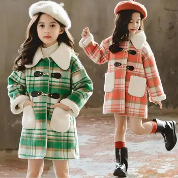 

2020 Fall Winter Kids Girls Cotton Long Jackets Children New Wool Outerwear Clothes Teen Girl Casual Plaid Lapel Woolen Coat K81