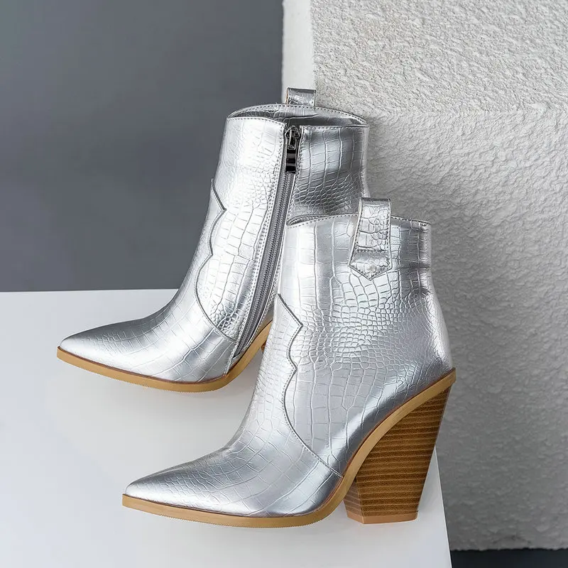 Fashion Ankle Boots Women Faux Leather Wedges High Heels Western Boots Pointed Toe Zipper Autumn Winter Short Boots Woman Shoes - Цвет: Серебристый