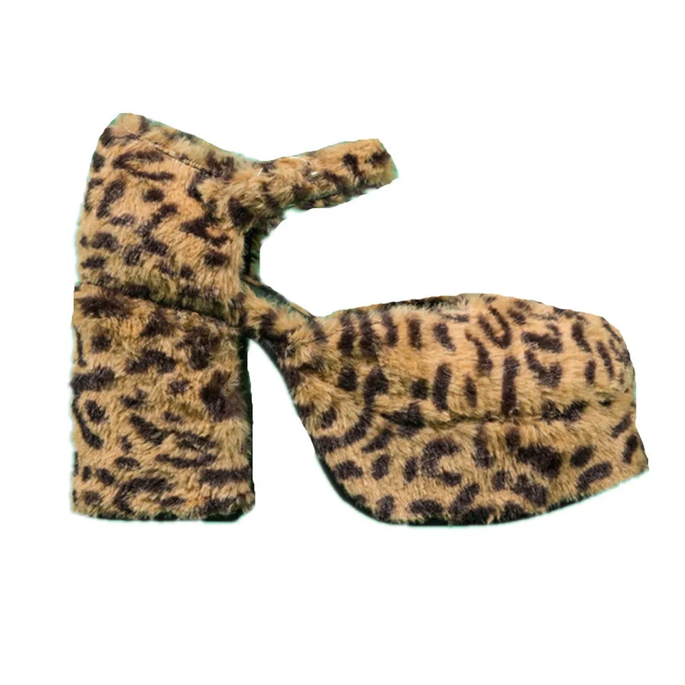 

Womens Round Toe Leopard Furry Fur Mixed Colors Platform Pumps Block High Heel Shoes Lolita Cosplay Halloween Real Leather 2021
