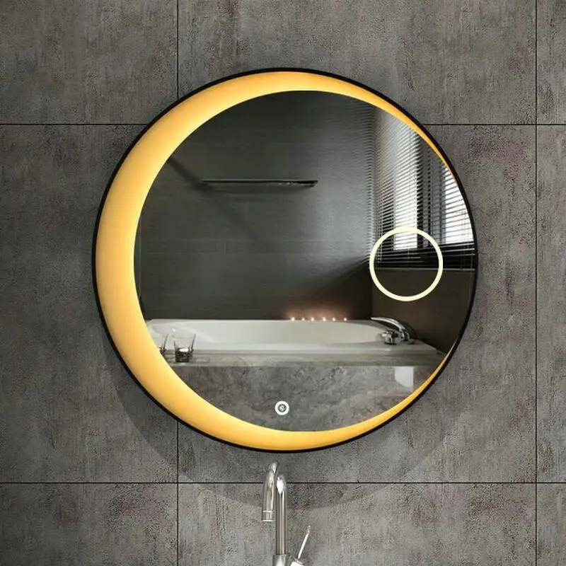 

60cm 23.62" LED Lights Moon mirror High Quanlity Reflection Silver Mirror With Black Steel Frame Round Bathroom Mirror