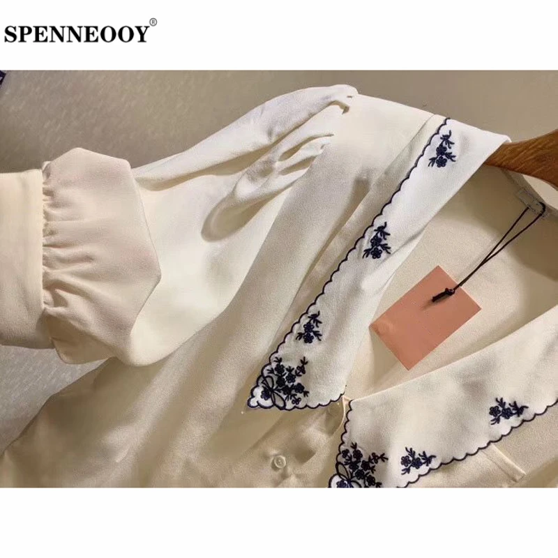 SPENNEOOY Designer Custom Runway Women Summer Solid Deep V Neck Silk Shirt Pockets Embroidery Ladies Vintage Blouse Tops