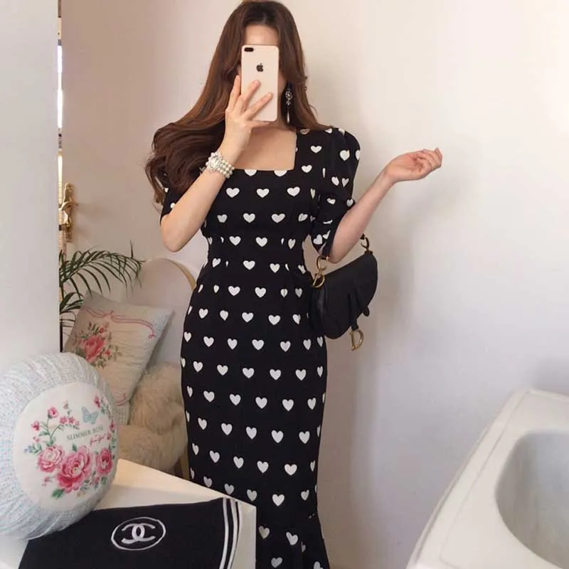 Korean Woman One-Piece Dress Summer 2020 Vintage French Loving Slim Ruffled Fishtail Long Dress Lady Elegant Short Sleeve Dress