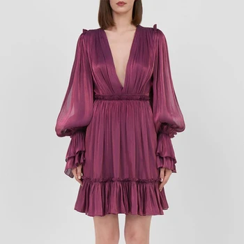 

Women Ruffles Shining Dress Summer Lantern Sleeve High Waist Tunic Elegant Crinkled Dress