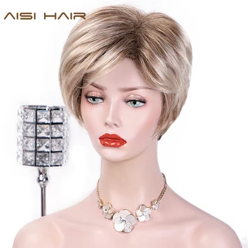 

AISI HAIR Short Straight Ombre Blonde Wig With Bangs Light Brown Synthetic Wigs For Women Natural Two Tone Wigs Side Part Hair