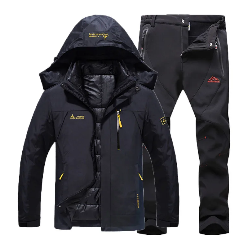Black Black Suit Мужские зимние водонепроницаемые треккинговые походные лыжные ползунки, теплые хлопковые куртки 3 в 1, флисовые штаны, костюм, пальто - Цвет: Black Black Suit