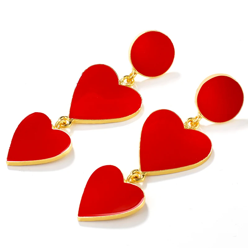 

AENSOA Red Big Double Love Earrings Exaggerated Peach Heart Alloy Long Drop Earrings For Women Fashion Jewelry Pendientes New
