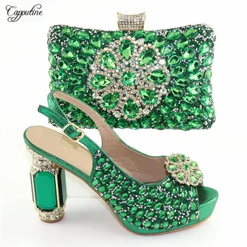 

Wonderful green high heel shoes and purse handbag sets with luxury stones CR170, heel height 11.5cm