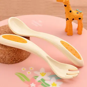 

Cute Infant Baby Silicone PP Material Feeding Spoon And Frok Sets Solid Color Soft High Quality Utensils Kids Learning Tableware