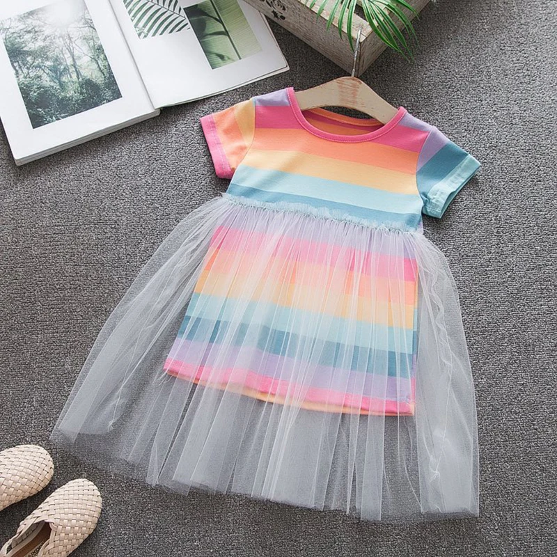 Humor Bear/ г. Летнее праздничное платье для малышей Новое разноцветное Сетчатое платье с короткими рукавами милая одежда Вечерние платья для девочек на день рождения