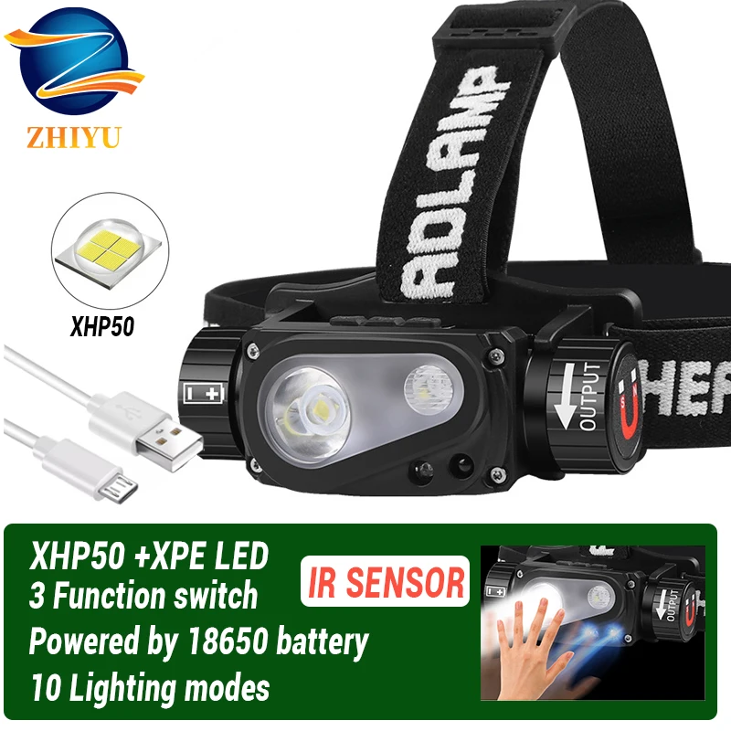 Светодиодный налобный фонарь XHP50 с датчиком на голову аккумулятором 18650 уличный 10