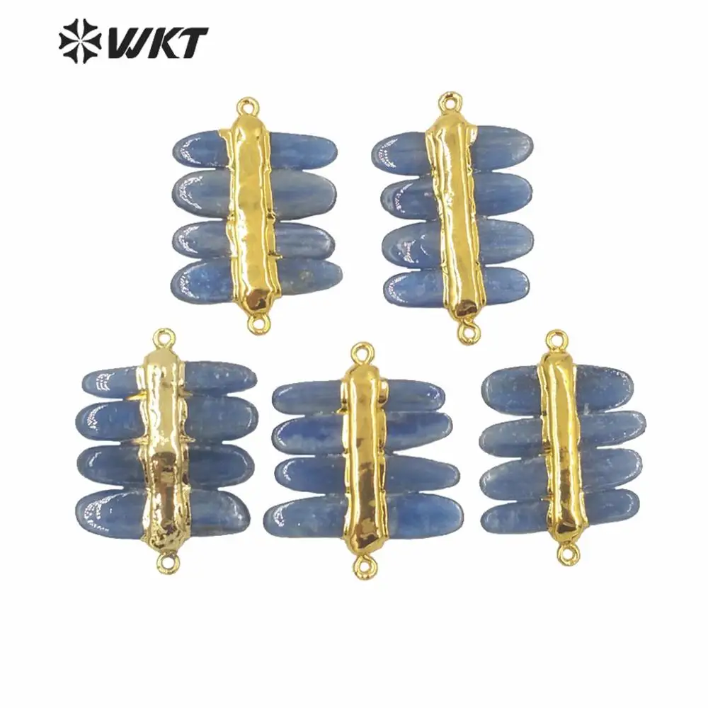WT-P1566 Wholesale Natural High Quality Deep Blue Kyanite Pendants Fashion Gold Electroplated Double Loops  Stone Decoration