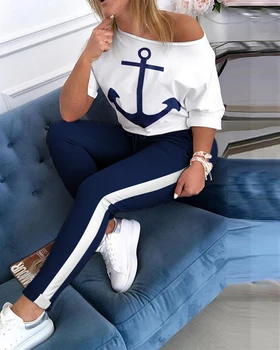 

2020 Women Elegant Fashion Skew Neck Suit Sets Casual Skew Neck Half Sleeve Anchor Print Top & Colorblock Drawstring Pant Sets