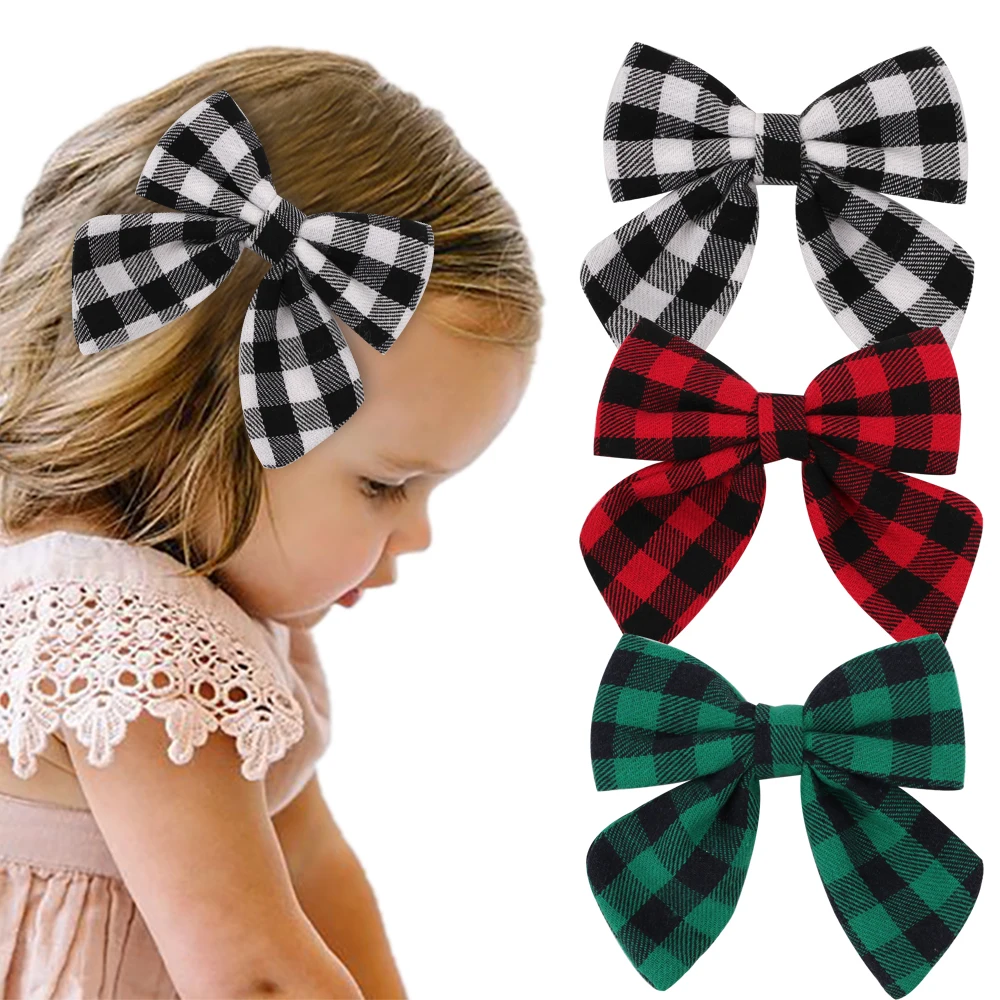 Oaoleer Girls Christmas Plaid Hair Bows With Clips School Party Headwear Hairgrip Hairbow New Year Decor Cute заколка для волос