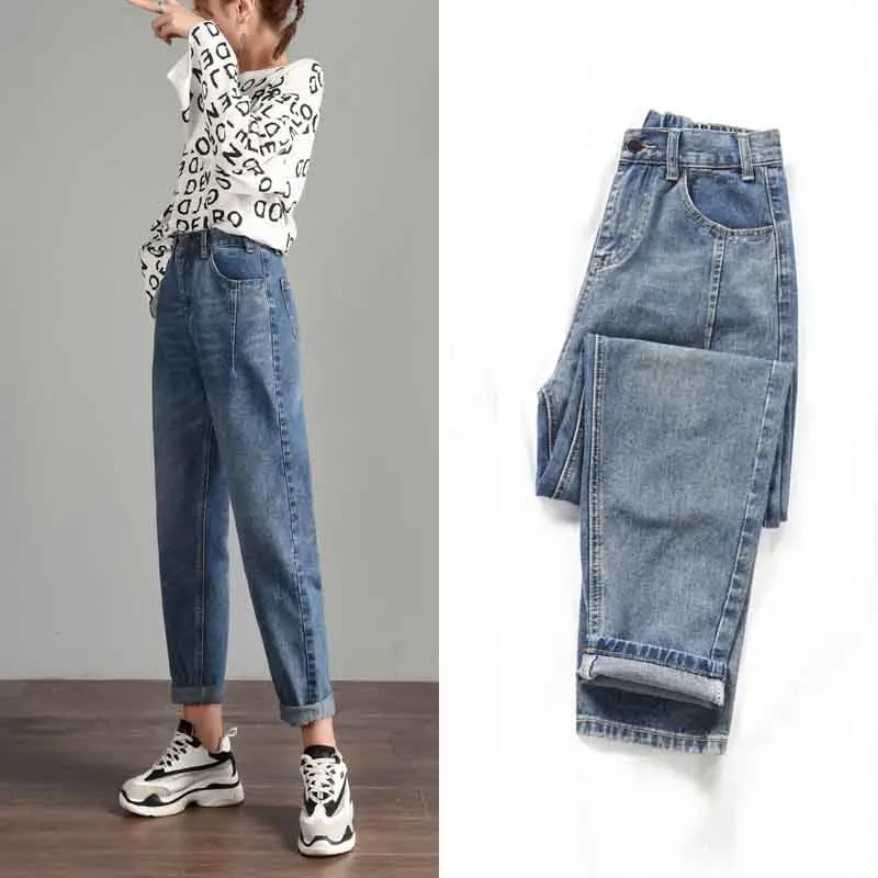 Высокое качество Slim Fit Для женщин свободные джинсы с аппликацией в виде Высокая