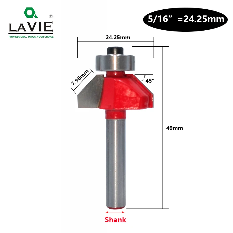 LAVIE 1pc 6mm 6.35mm Shank 45 Degree Chamfer Router Bit Edge Forming Bevel Woodworking Milling Cutter for Wood Bits MC01130