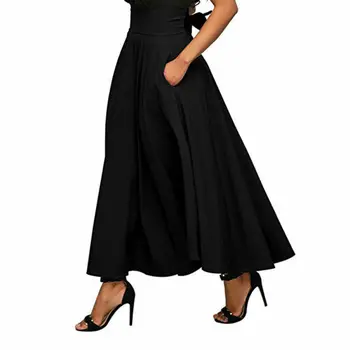 

New Fashion Women High Waist Flared Pleated Long Skirts Gypsy Maxi Full Skirt with Pockets Pure Color Elegant Womens Skirts