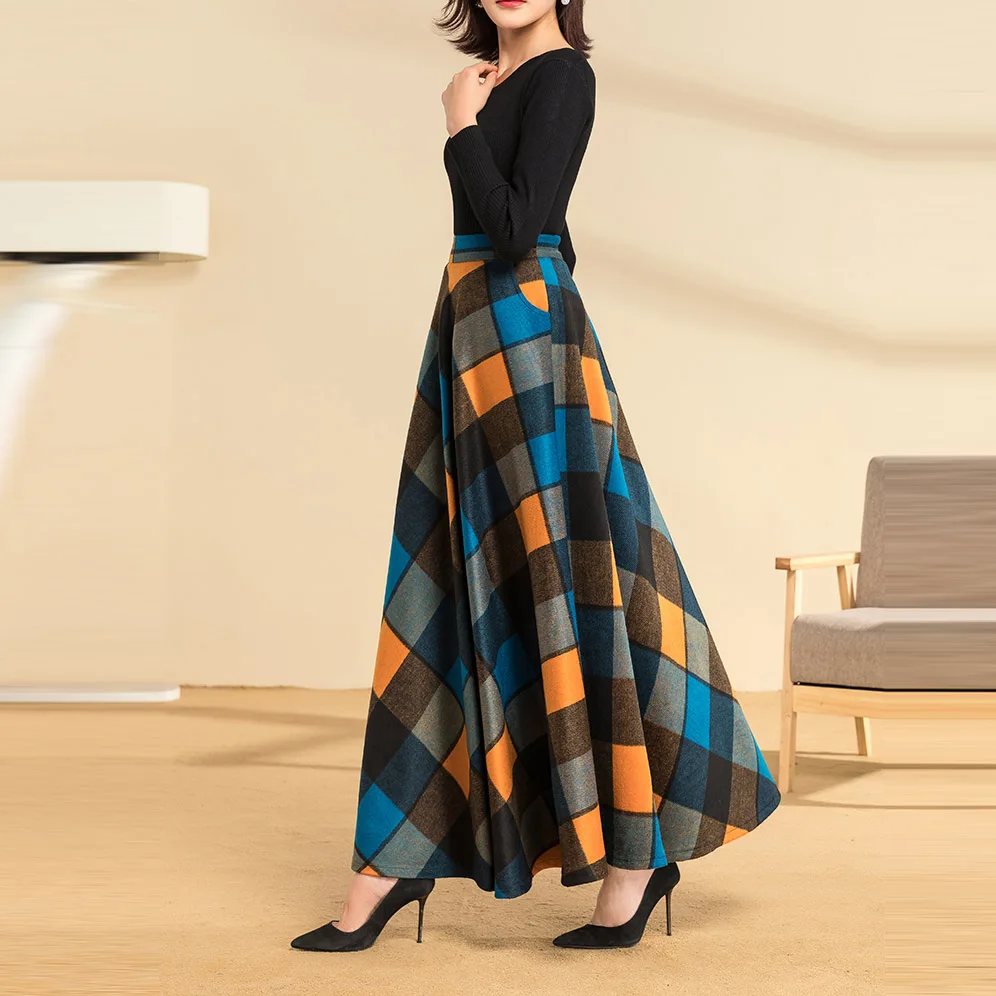 Autumn and Winter Plus Size 4XL New Fashion Casual Female Woolen Lattice Plaid Grid a-Line Maxi Skirts for Womens