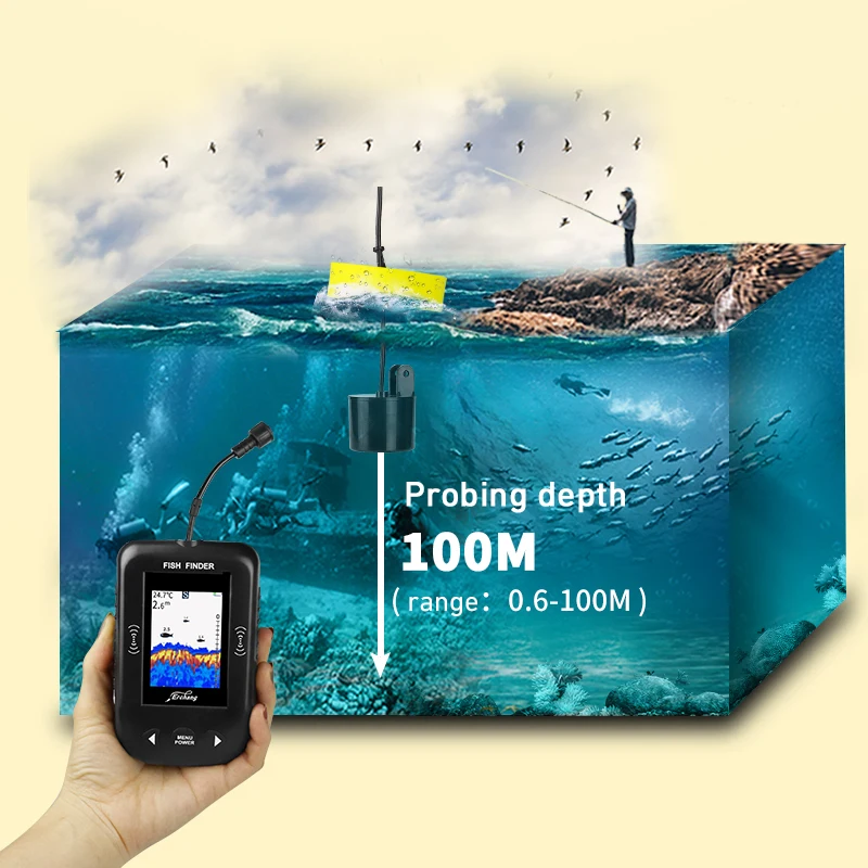  Erchang XF02 Transducer Fish Finder 100m Depth Alarm Echo Sounder LCD Colorful Screen Sonar For Fis