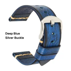 Men's Leather Watch Strap with Rose Gold Buckle - 26mm (Deep Blue - Silver)