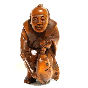 

Y1717 - 2" Hand Carved Boxwood Netsuke Figurine Carving : Elder Fishman Statue Small Carving Crafts Home Decoration Ornaments