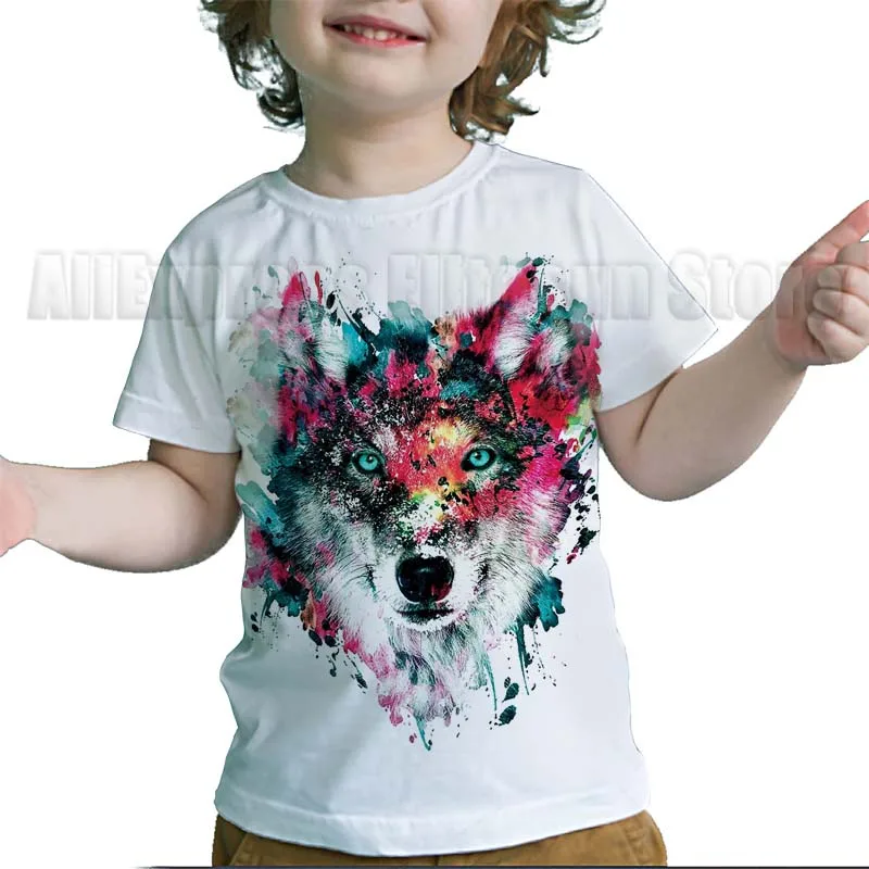 T-Shirt Enfant 3D Animal Loup Lune Été Manches Courtes Garçon Fille