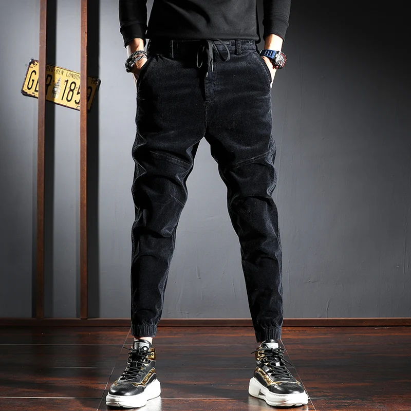 Japanese Style Fashion Men Jeans Vintage Designer Casual Corduroy Cargo Pants Streetwear Loose Fit Hip Hop Jogger Harem Trousers photo