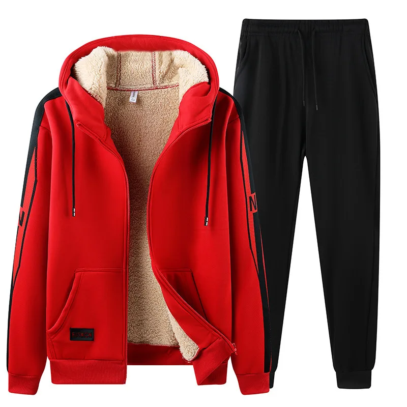 Winter Thick Warm Fleece Tracksuit Men Sportswear Sweatsuits Set Hooded Jacket+Track Pants Sport Suits | Мужская одежда