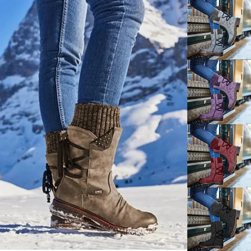 Зимние ботинки женские Модные осенние ботинки до середины икры из PU искусственной кожи с задней шнуровкой, дизайнерские ботинки однотонная обувь на низком каблуке Bota Mujer