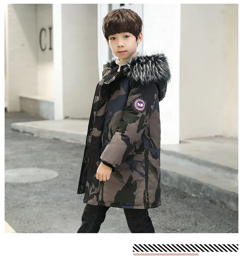 Детская зимняя куртка с камуфляжным принтом большой меховой воротник-30 градусов Детская одежда мальчиков Теплый пуховик хлопковая куртка с капюшоном