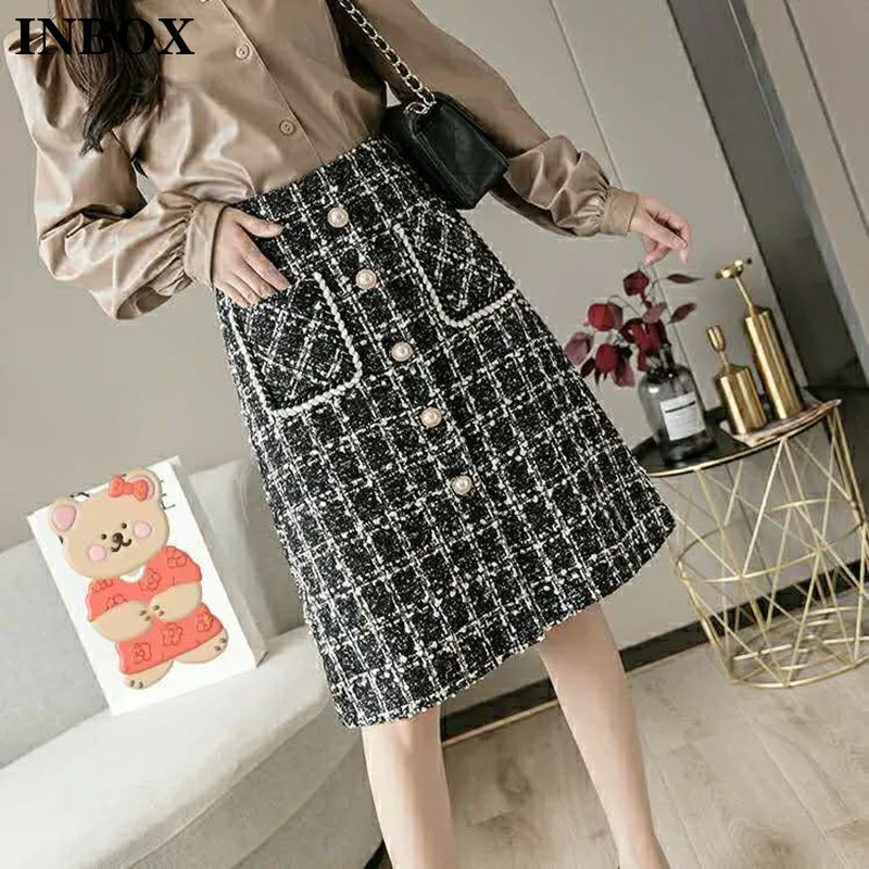 

INBOX Korean Winter High Waist Tweed Plaid Skirt Women Fashion Office Knee Length Vintage Pocket A Line Ladies Skirts