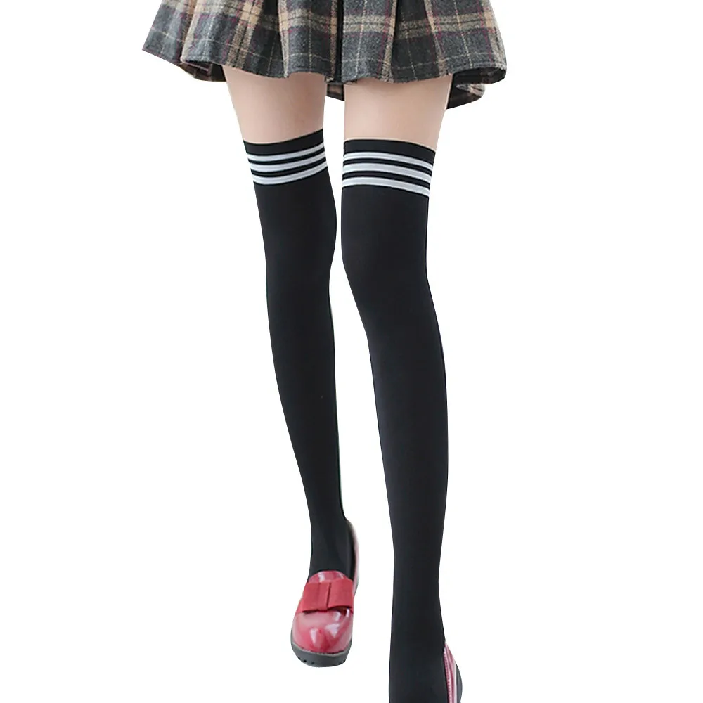 Женские носки в стиле Харадзюку; Полосатые Гольфы выше колена; однотонные гольфы для девочек; осенне-зимние носки для девочек; skarpetki - Цвет: Black