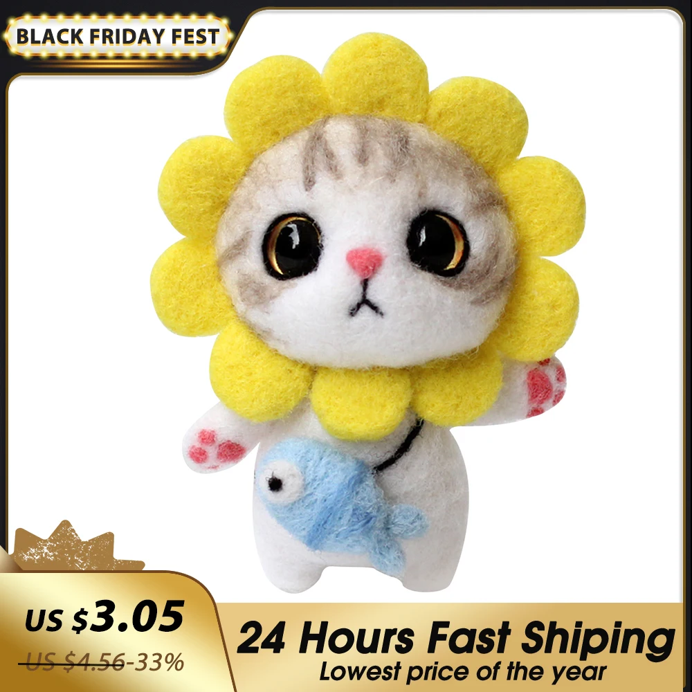 

Wool Felt Needle Poked Kitting DIY Cute Animal Sunflower Cat Wool Felting Package Non-Finished Handmade Pets Toy Doll Decor