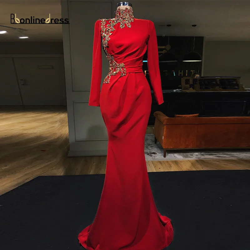 2019-New-Red-Evening-Dresses-High-Collar-Full-Sleeves-Beaded-Mermaid-Evening-Dress-Formal-Party-Gowns