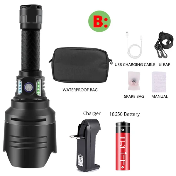 Package B X915 P10 USB Алюминиевый светодиодный фонарик, 7 светодиодный s 18650, фонарь с зумом, мощный фонарь, прожектор для атак, Дополнительный внешний аккумулятор, водонепроницаемая сумка - Испускаемый цвет: Package B