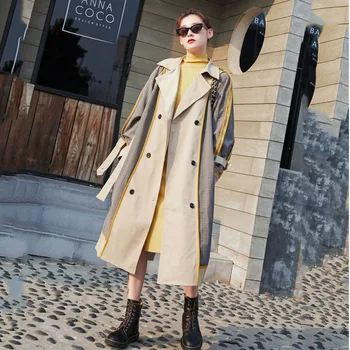 

LANMREM 2020 Original Retro Hit Color Plaid Windbreaker Women's Collar Striped Double-breasted Long Coat Loose Spring 19B-a380