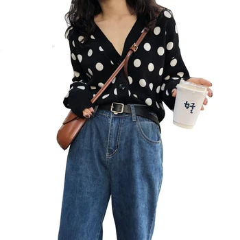 

2019 Women Cardigans Sweater V neck Black Polka Dot Knitwear Casual Knitted Cardigan Outwear Autumn Winter Jacket Coat