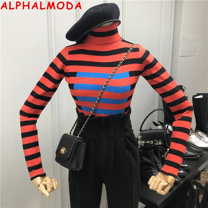 ALPHALMODA; Новинка года; модный свитер контрастного цвета в полоску; водолазка с длинными рукавами; универсальная нижняя рубашка