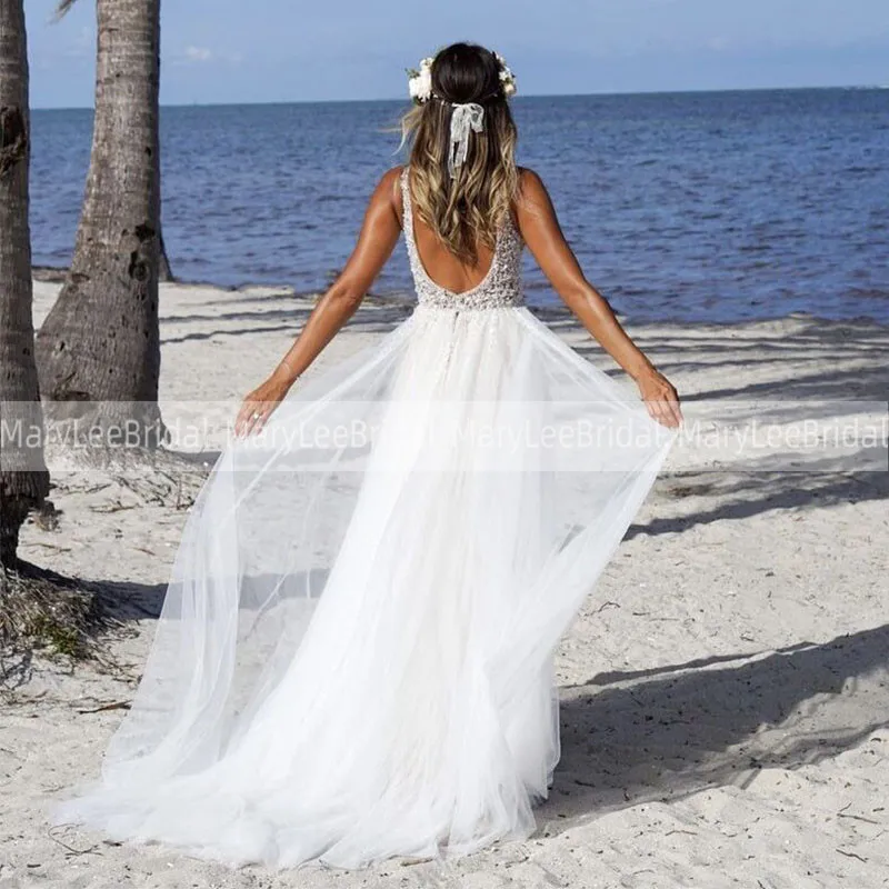 Yi DaoLong Beach Wedding Dress V Neck Lace Bead Appliques Tulle Bridesmaids Dress 