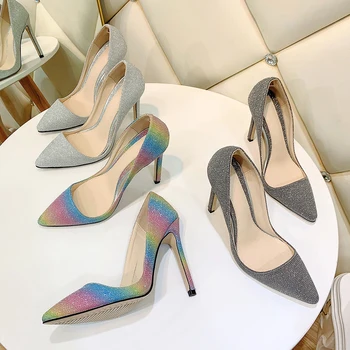 

Gradient Colored Shoes Woman Elegant Ladies Shoes Sparkly Women Pumps Shallow Mouth High Heels Dress Shoes Size15 Fashion Shoes