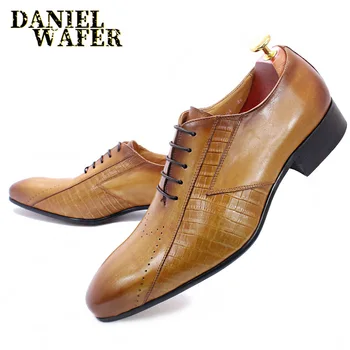 

LUXURY BRAND MEN OXFORD SHOE BLACK BROWN STONES PRINTED PATCHWORK GENUINE LEATHER SHOES LACE UP OFFICE WEDDING MEN FORMAL SHOES