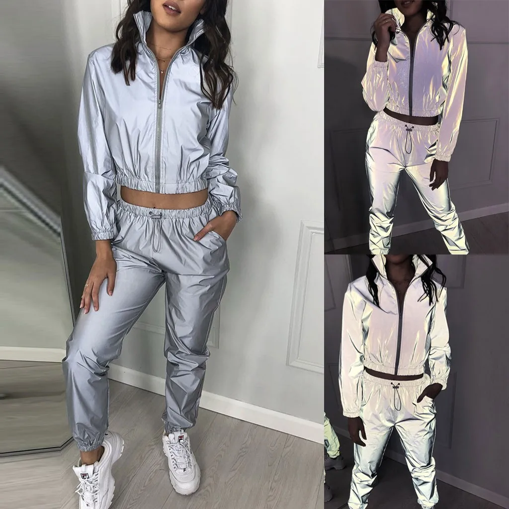 

Women Sexy Reflective Tracksuit Night Version Buttons Turn Down Collar Long Sleeve Crop Top + Casual Pants Two Piece Set