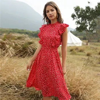 

2020 New Summer Dot Print Dress Women Casual Butterfly Sleeve Ruffles Medium Long Chiffon Floral Ruffle Stitching Dress