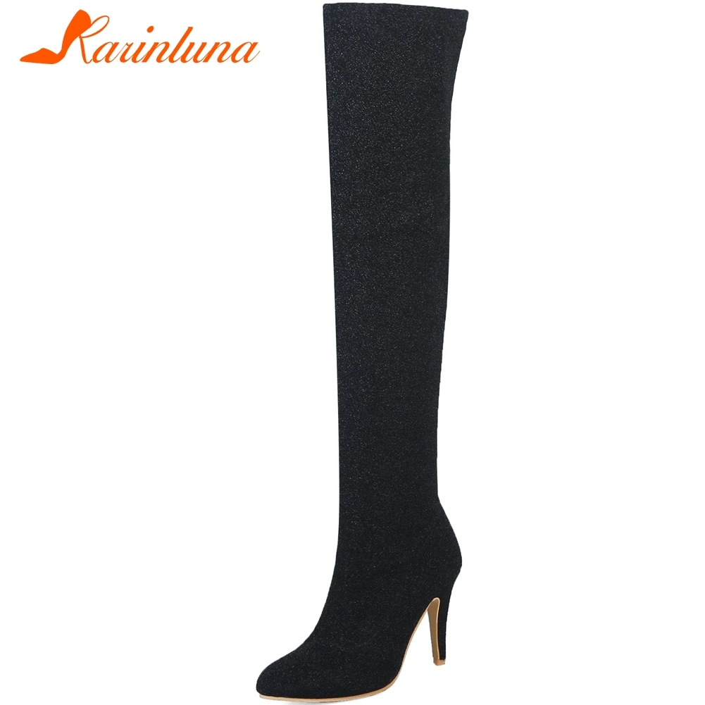 

KARINLUNA Ladies High Heels Boots Sexy Spring Thigh High Boots Women Elegant Black Flock over-the-knee Shoes Woman