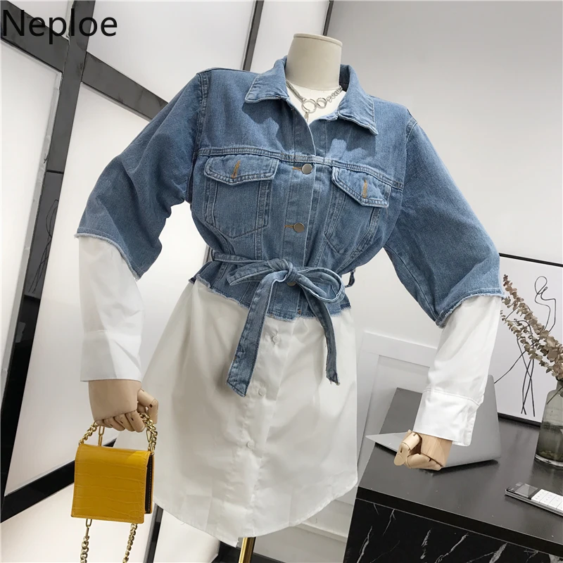 Neploe/ Осенняя Корейская Свободная джинсовая куртка в стиле пэчворк женские толстовки контрастного цвета на шнуровке, тонкая талия Casaco Fenimnino 45760