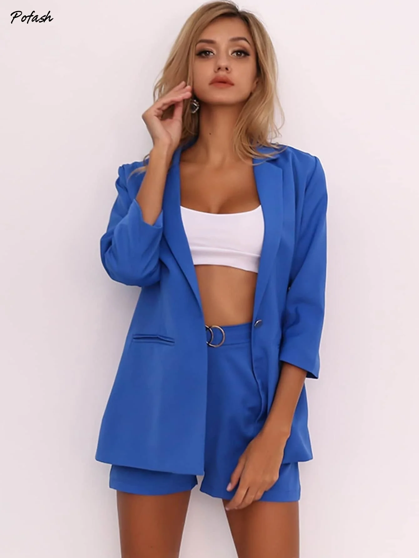 Joyfunear Single Button Blazer and Ring Detail Short Set Joyfunear Single Button Blazer and Ring Detail Short Set