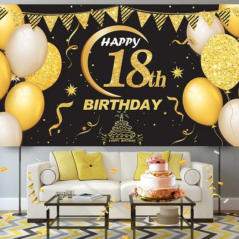 Background Banner 18Th Birthday Party for Anniversary Decoration Extra Large Black Gold Poster Photo Cloth | Электроника