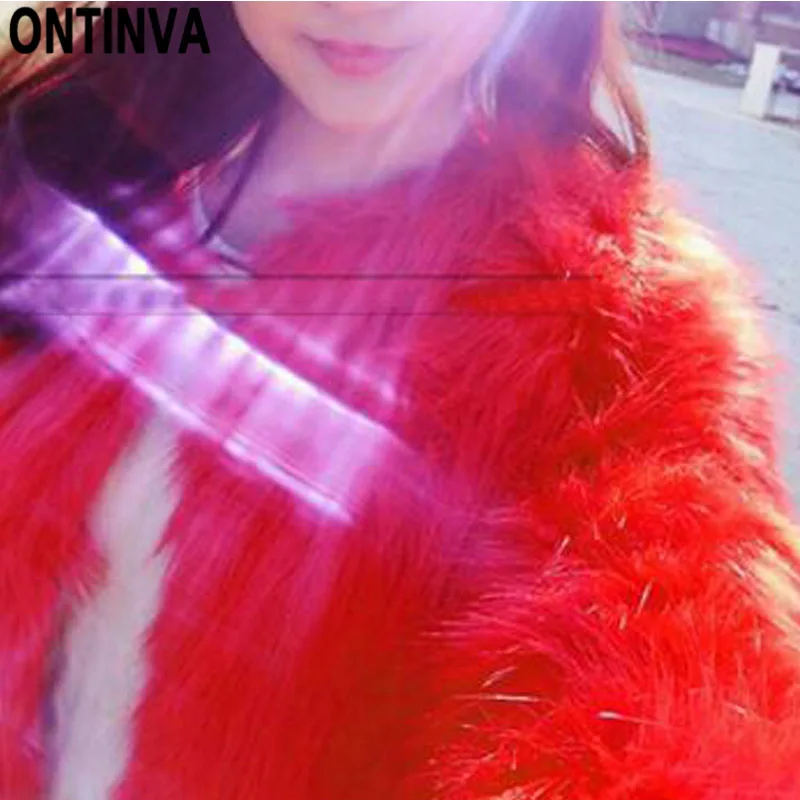 Пушистое теплое пальто из искусственного меха, Женское пальто без воротника, белое, розовое, шикарное, с длинным рукавом, женская верхняя одежда, осенне-зимнее пальто, куртка - Цвет: Красный